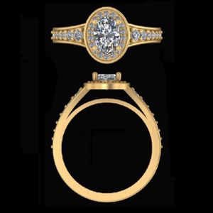 Oval Cut Diamond Engagement <b>Ring</b> with Bezel Halo Setting in 14k 18k Yellow <b>Gold</b> and Tapered Wide Pave <b>Set</b> Diamond Accent Band - Product Image 2