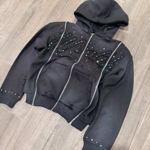 Sweat à capuche court pour homme, streetwear personnalisé de haute qualité, avec strass, fermeture éclair 3 voies, effet délavé soleil - Product Image 2