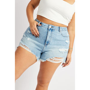 Shorts de mezclilla para mujer, de tiro alto, desgastados, con cierre de cremallera, tallas grandes, sin elasticidad, informales, transpirables, personalizados - Product Image 1