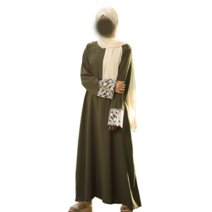 Abaya vert olive brodée avec hijab crème pour femmes, manches longues, longueur au sol, style personnalisé, pour usage quotidien - Product Image 1