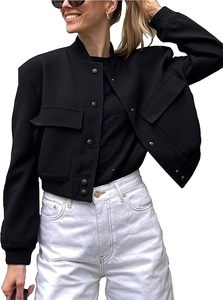 Chaqueta Corta Negra para Mujer, Cuello Alto, Manga Larga, Cierre de Botones, Tejido de Poliéster, Estilo Minimalista Casual para Otoño - Product Image 2