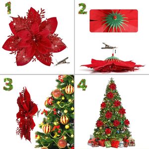 Set di 16 Fiori di Poinsettia Artificiali, Decorazioni Natalizie Glitterate con Clip per Albero di Natale - Product Image 2