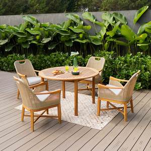 Modern Outdoor <b>Patio</b> Dining Set <b>Round</b> Teak Wood <b>Table</b> & Beige Wicker Rattan Chairs - Product Image 1