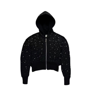 Sudadera con capucha corta personalizada de moda con estampado de puntos brillantes y pedrería, corte regular, unisex, con cremallera frontal, de forro polar, para uso casual. - Product Image 2