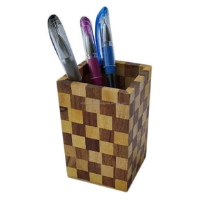 wooden inlay Pen Holder Wooden Pencil Stand Inserted Watch for Office Desktop