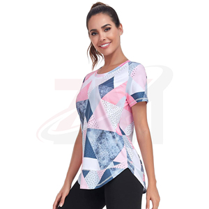 Camiseta de Manga Corta con Estampado Geométrico para Mujer, Cuello Redondo, Corte Regular, Secado Rápido, Deportiva, Tejida en Poliéster, para Primavera/Verano - Product Image 1