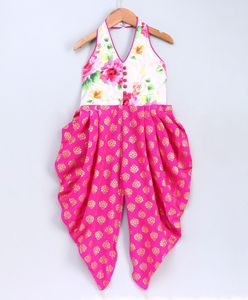 Conjunto Étnico para Niñas, Blusa sin Mangas con Estampado Floral y Pantalones Dhoti con Brocado Rosa, Traje Tradicional para Fiestas Infantiles - Product Image 1
