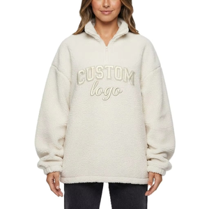 Women's Solid Color Sherpas Fleece 100% Cotton Jackek Linned Oversized Quarter Zip Top Embroidery Custom Logo Private Hoodies - Product Image 3