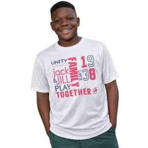 เสื้อยืดแจ็คแอนด์จิล ยูธ ดริฟิตสีขาว ดีไซน์ Family Unity and Play Hard ตั้งแต่ปี 1938 เสื้อยืดลำลองสำหรับเด็ก - Product Image 1