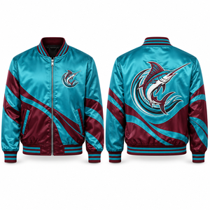 Relaxed Fit Satin Jacket Full Zip Closure Polyester <b>Fabric</b> Sublimated Graphics Personalized Artwork Interior Pocket Travel <b>Retro</b> - Product Image 2