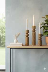 Juego de 3 Portavelas de Madera con Forma de Columna, Decoración para el Hogar, Acabado Natural, Diseño Redondo - Product Image 4