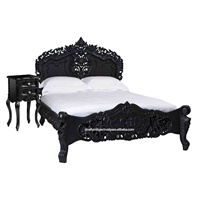 Lits français rococo faits à la main, style bois de teck massif, design antique européen, design artistique gothique, meubles noirs pour la chambre à coucher
