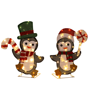 Set di 2 Decorazioni Natalizie a Forma di Pinguino con Bastoncini Luminosi, 80 LED Bianco Caldo Pre-illuminati, Decorazioni 2D per le Feste in Poliestere per Natale - Product Image 1
