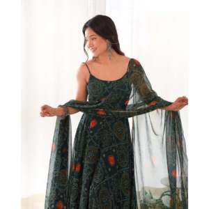Aayna Ropa CHIFFON COLOR VERDE BANDHEJ ANARKALI TRAJE SET XS - Product Image 2
