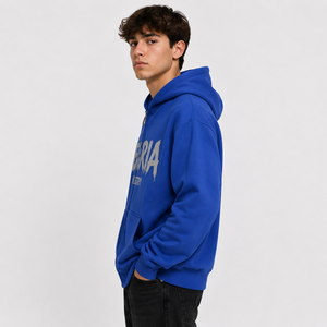 Sweat-shirt à capuche zippé bleu en molleton de coton avec poche graphique imprimée sur le devant, épais, personnalisable, pour l'hiver, style décontracté - Product Image 3