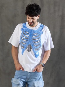 Camisetas de Hombre de Alta Calidad, 100% Algodón, Estampado Gráfico, Estilo Urbano, Oversize, Estampado de Esqueleto Azul, Corte Regular, Casual - Product Image 5