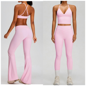 Ensemble de yoga rose taille haute sans coutures, avec haut court à dos croisé et col en V, et short respirant en Spandex et Polyester, 3 pièces avec fermeture à cordon de serrage - Product Image 1