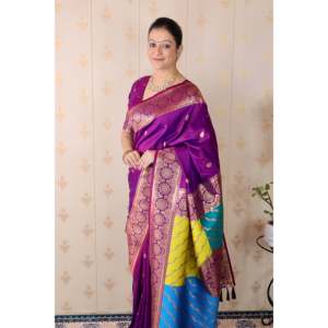 Sari de Seda Suave Morado Elite Weaves, Tejido Banarasi con Pallu Multicolor y Zari, Ropa India y Pakistaní, 650g - Product Image 5