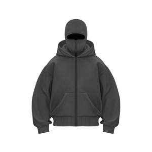 OEM Custom 420gsm 100% Cotton Velour Double Hood Streetwear Heavyweight Balaclava Hoodie Oversized Double Layered <b>Masked</b> Men's - Product Image 1