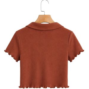 เสื้อโปโลครอปผู้หญิงสีน้ำตาลสนิม ผ้าถักลายริบ แขนสั้น ทรงเข้ารูป สไตล์ลำลอง คอวี ผ้าฝ้ายผสมสแปนเด็กซ์ ยืดหยุ่นได้ แฟชั่นทันสมัย - Product Image 2