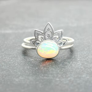 Anillo de Ópalo Etíope, Juego de Anillos Apilables de Plata de Ley con Diseño de Loto Bohemio, Joyería Minimalista para Mujer, Proveedor Mayorista - Product Image 1
