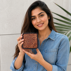 Hand Tooled Leather Stylish Makeup Cosmetic Storage Box Turquoise Color <b>Vanity</b> Bathroom Organizer Zipper Closure Fashion Style - Product Image 3