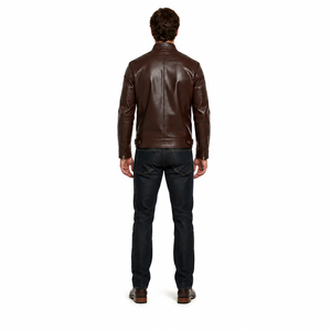 Premium <b>Men's</b> Slim Minimalist Dark Brown Moto <b>Jacket</b> 0.8mm Goatskin <b>Leather</b> Stand Collar Breathable Windproof Sustainable - Product Image 2