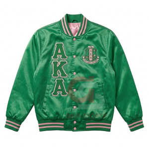 Chaqueta cortavientos de satén verde y rosa con letras griegas bordadas AKA Sorority para mujer, y chaqueta corta transpirable para mujer. - Product Image 1
