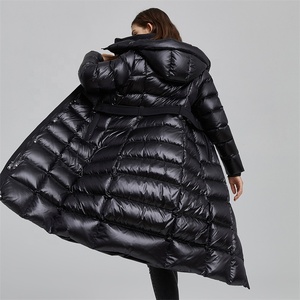 Long Quilted Hooded Winter Jacket Women Black Full Sleeve Adjustable Waist Thick Puffer <b>Coat</b> With Belt Solid Color - Product Image 1