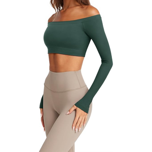 Women Off The Shoulder <b>Long</b> <b>Sleeve</b> <b>Crop</b> <b>Top</b> Solid Color Yoga Activewear <b>Green</b> Spandex Polyester Breathable Regular Fit - Product Image 2