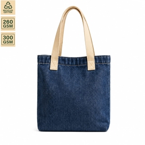 Custom Recycled Washed Denim <b>Mini</b> Tote Bag Floral Embroidery Inner Pocket Cotton Handles Wholesale Manufacturer 32x34x8cm Blue - Product Image 2