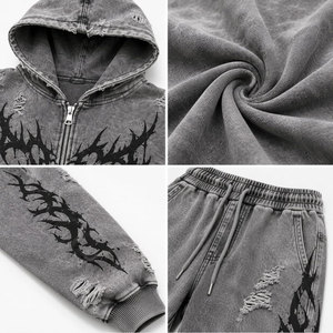 Conjunto de chándal con estampado gótico, sudadera con capucha y cremallera de manga larga, pantalones desgastados, ropa de otoño unisex para adultos - Product Image 6