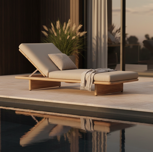 Chaise longue de jardin en teck moderne avec coussins rembourrés - Chaise longue de piscine et de patio - Product Image 1