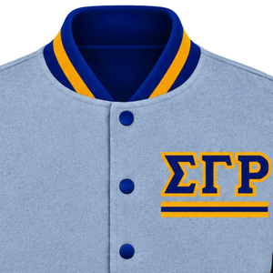 Womens Light <b>Grey</b> Varsity Bomber <b>Jacket</b> Blue Sleeves Greek Letter Embroidery Gold Stripe Accent Snap Button Ribbed Collar Cuffs - Product Image 2