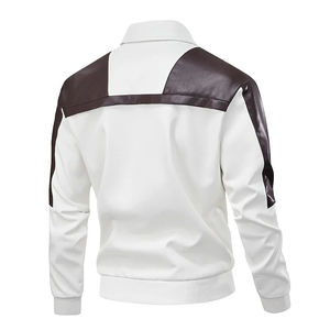Blouson bomber en cuir PU blanc et marron pour homme avec fermeture éclair colorée, col rabattable, style décontracté, vêtement d'automne - Product Image 2