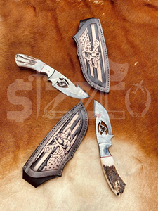 Cuchillo de caza OEM Wirecut de acero de Damasco, tipo Skinner, con mango de asta de ciervo, hoja fija, para camping, actividades al aire libre y EDC, con funda de cuero. - Product Image 3