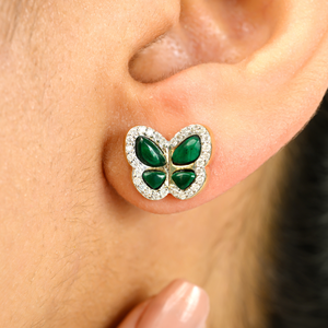 14K Art Deco Malachite Green Butterfly Stud <b>Earrings</b> - Product Image 1