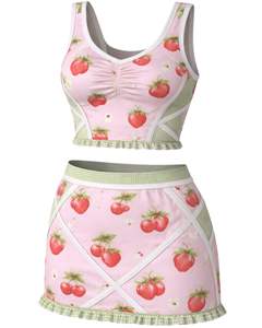 ชุดเซ็ตทูพีซลายสตรอว์เบอร์รี่สีชมพูสำหรับผู้หญิง เสื้อครอปแขนกุดคอกว้างเอวสูงเข้ารูป กระโปรงมินิสั้น ชุดฤดูร้อน - Product Image 1