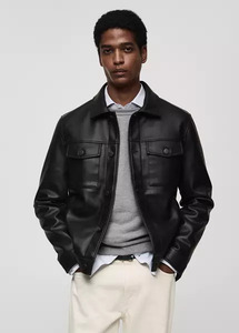Veste en cuir PU noir pour homme, col rabattu, style workwear, coupe classique, automne, fermeture à boutons simple - Product Image 4