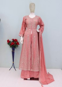 ชุดเดรส Anarkali สีชมพูปักลายหนัก ผ้าไหมชินนอน ชุดสัลวาร์ คามีซ สำหรับงานแต่งงานและงานเลี้ยงสำหรับผู้หญิง - Product Image 2