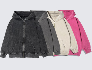 Hoodie streetwear personnalisé de haute qualité, en molleton vierge, style vintage, double couche, délavé à l'acide, effet soleil, zippé - Product Image 2