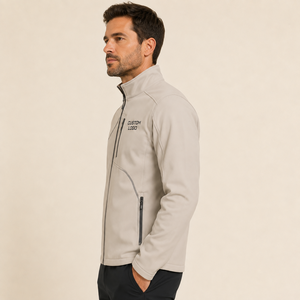 Men's <b>Light</b> Beige Soft <b>Shell</b> Jacket Stand Collar Zipper Closure Custom Logo Front Windproof Autumn Casual Wear Softshell Jacket - Product Image 2