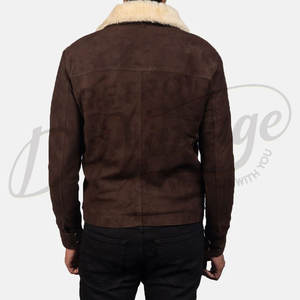 Veste en daim marron pour homme de qualité supérieure avec col en fausse fourrure crème, manteau bomber chaud d'hiver, coupe ajustée, vêtement d'extérieur en daim décontracté - Product Image 6