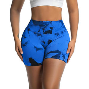 High Waist Simple Blue Printed Yoga Shorts Ruched Butt Design Four-Way Stretch Spandex Polyester Elastic Waist Plus Size <b>Knee</b> - Product Image 2
