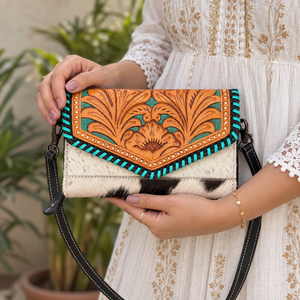 Cartera de cuero tallada a mano, funda de teléfono de embrague, carteras de cuero de piel de vaca con estilo, billetera de Color turquesa para mujer - Product Image 3