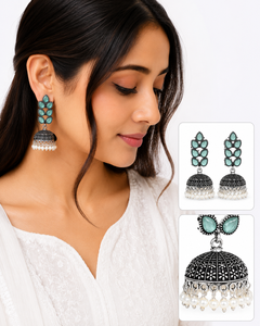 Luxury Oxidized Crystal Jhumka <b>Earrings</b> with Pearl | Vintage Floral Teardrop Statement <b>Earrings</b> | Ethnic Bridal Jewelry - Product Image 3