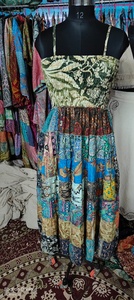 Bohemian <b>Patchwork</b> Silk Saree <b>Skirt</b> Dress for Women Breathable Ankle-Length Adjustable Strap Dress Free Size - Product Image 3