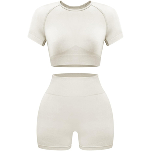 Two Piece Yoga Set Crew Neck <b>Crop</b> <b>Top</b> High Waist <b>Shorts</b> Solid Color Seamless Stretchable Breathable Eco-Friendly - Product Image 4