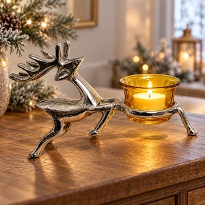 Elegant Glass Round Metal Reindeer Votive <b>Candle</b> Holder Christmas Decor Table Centerpiece Holiday Gift Home Decoration Festive - Product Image 1