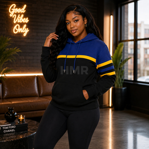 Sweat-shirt à capuche HMR Sorority Sisterhood bleu et jaune avec logo personnalisé sur le devant et poches - Product Image 3